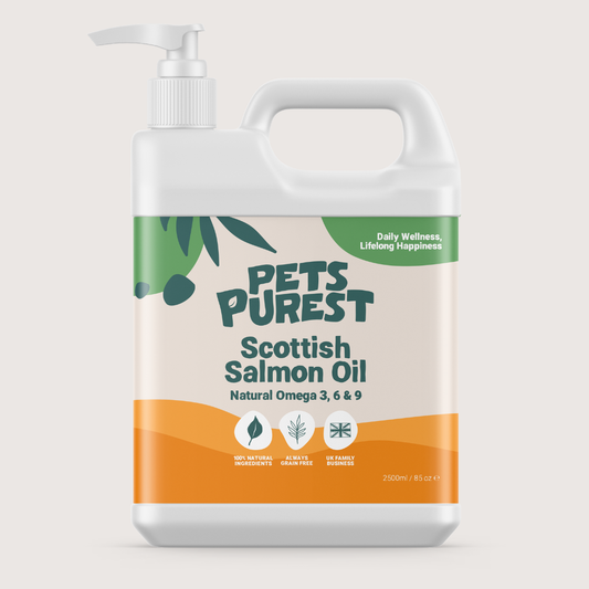 2500ml bottle of 100% natural, pure Scottish salmon oil for pets – omega 3 & 6